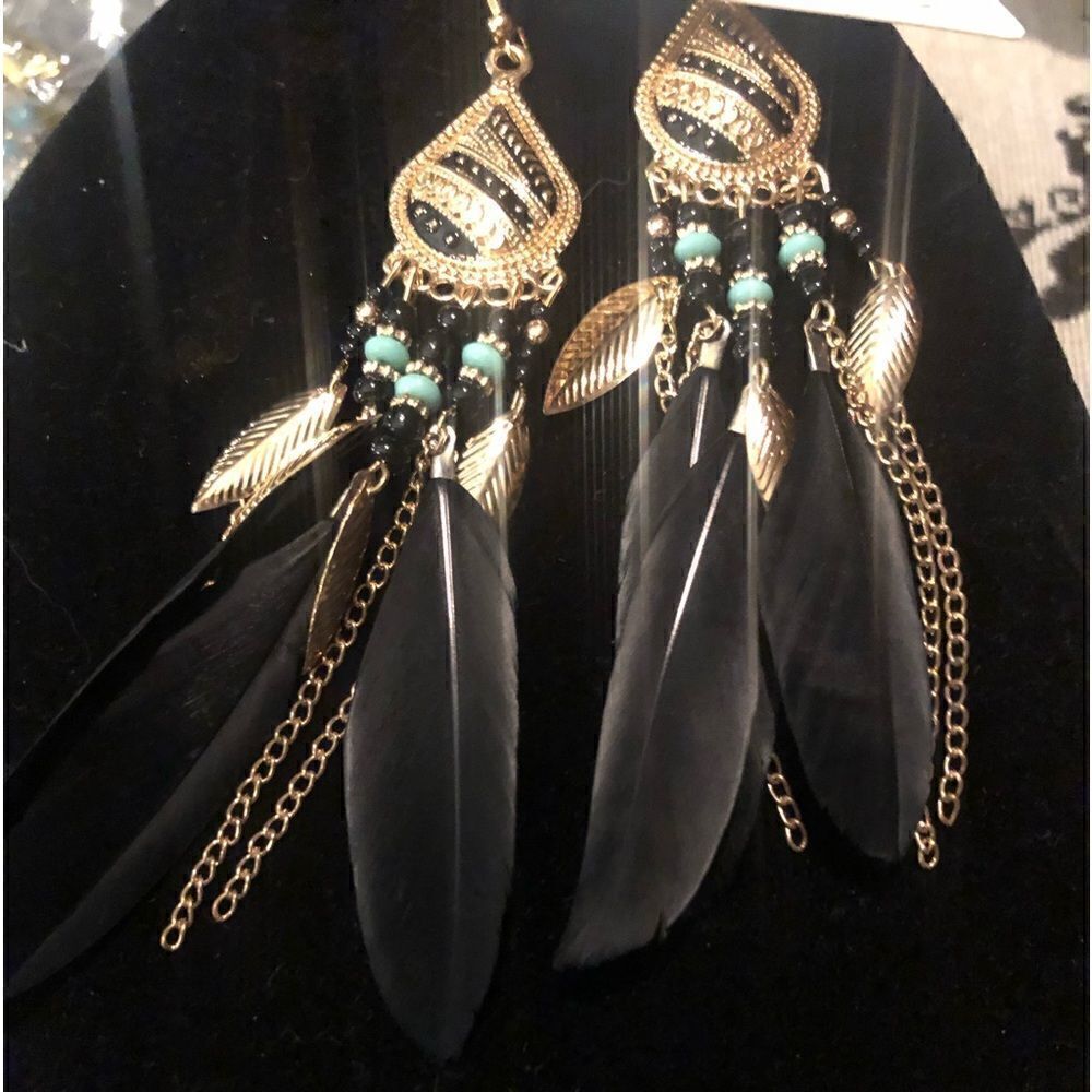 Black gold and teal bohemian feather drop earrings w dangle rope fringe tassel